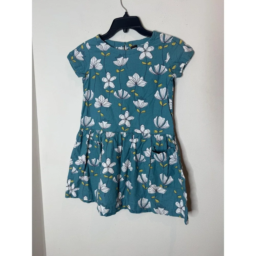 Tea Collection‎ Dress Girls 8 Blue Floral Short Sleeve Pockets Cotton Knit